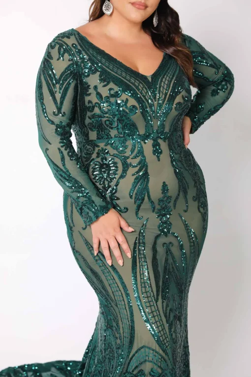 Elena Long-Sleeve Pattern Sequin Gown - Emerald/Nude