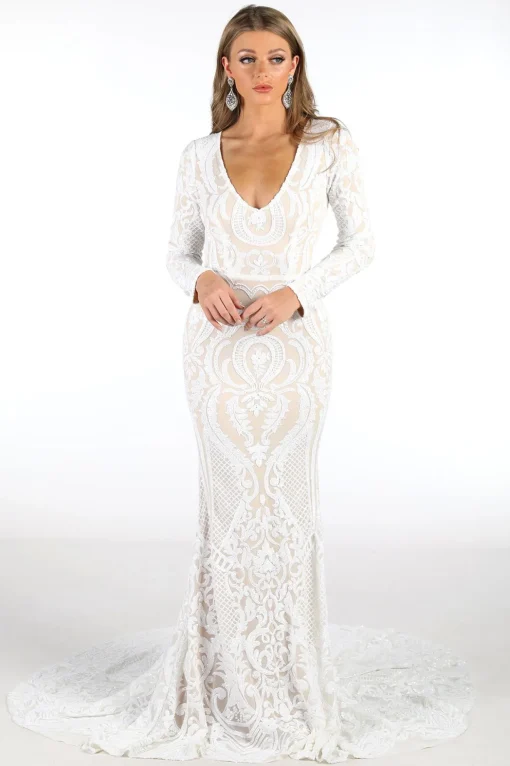 Elena Long-Sleeve Pattern Sequin Gown - White/Nude