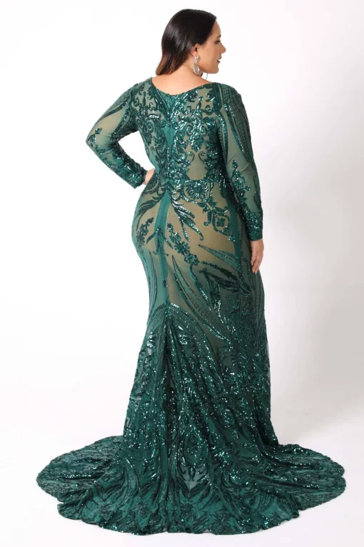 Elena Long-Sleeve Pattern Sequin Gown - Emerald/Nude