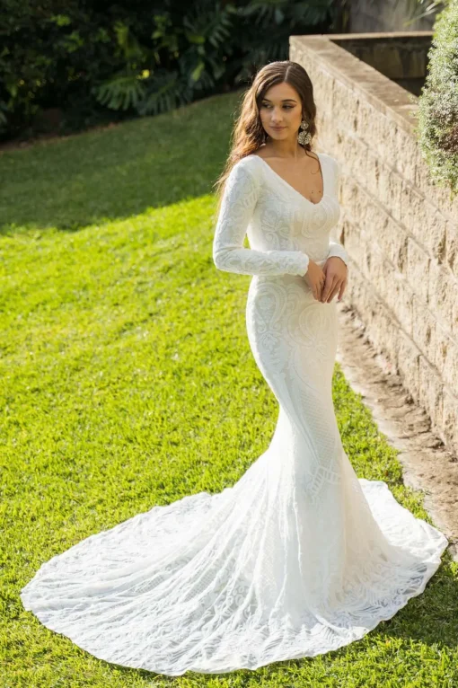 Elena Long-Sleeve Pattern Sequin Gown - White/White