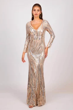 Evangeline Pattern Sequin Gown - Champagne