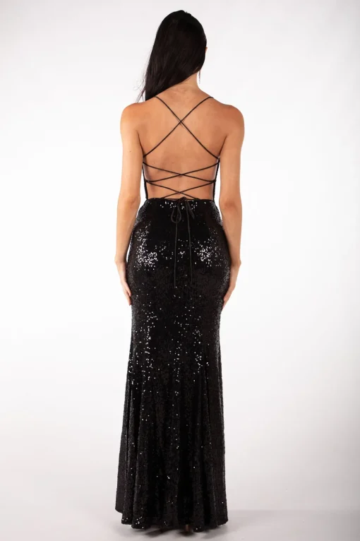 Fresia Lace Up Sequin Gown - Black