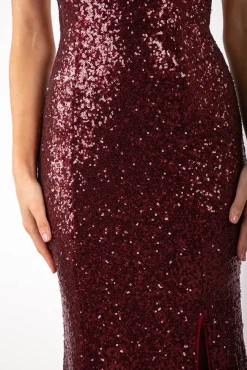 Fresia Lace Up Sequin Gown - Burgundy