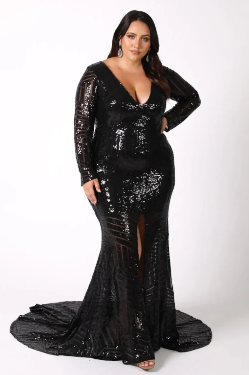 Georgia Long Sleeve Sequin Gown - Black