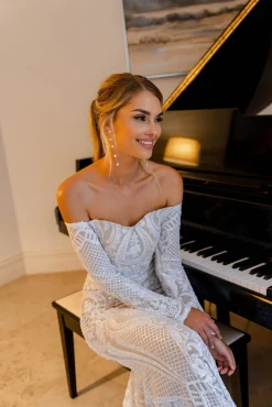 Gianna Off-Shoulder Long Sleeve Gown - White/Nude