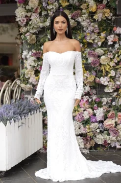 Gianna Off-Shoulder Long Sleeve Gown - White/White