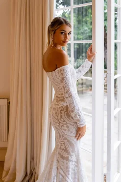 Gianna Off-Shoulder Long Sleeve Gown - White/Nude