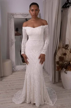 Gianna Off-Shoulder Long Sleeve Gown - White/White