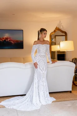 Gianna Off-Shoulder Long Sleeve Gown - White/Nude