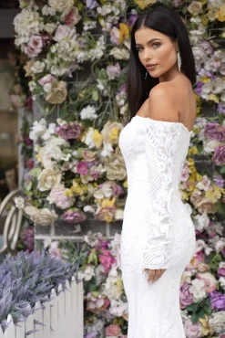 Gianna Off-Shoulder Long Sleeve Gown - White/White