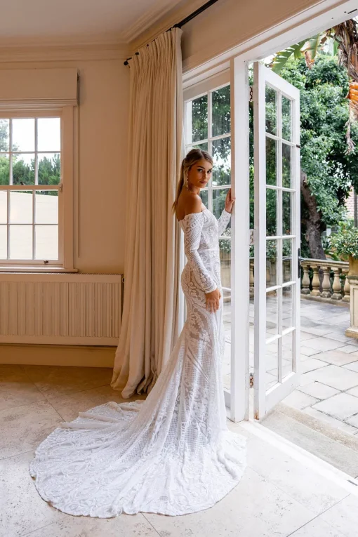 Gianna Off-Shoulder Long Sleeve Gown - White/Nude