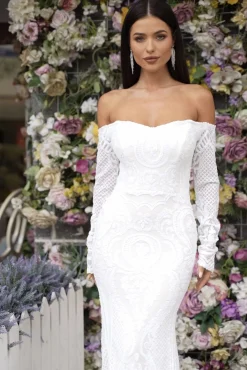 Gianna Off-Shoulder Long Sleeve Gown - White/White