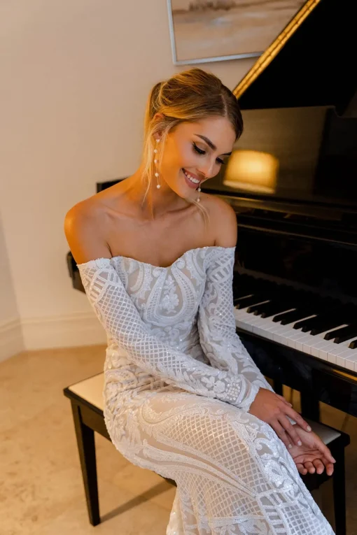 Gianna Off-Shoulder Long Sleeve Gown - White/Nude