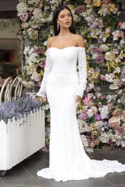 Gianna Off-Shoulder Long Sleeve Gown - White/White