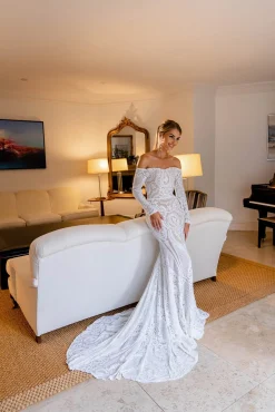 Gianna Off-Shoulder Long Sleeve Gown - White/Nude