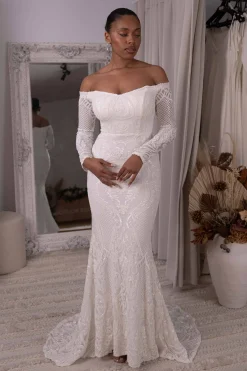 Gianna Off-Shoulder Long Sleeve Gown - White/White