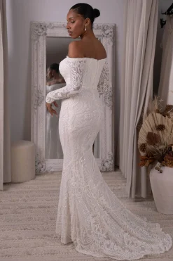 Gianna Off-Shoulder Long Sleeve Gown - White/White