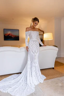 Gianna Off-Shoulder Long Sleeve Gown - White/Nude