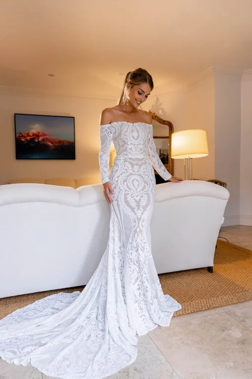 Gianna Off-Shoulder Long Sleeve Gown - White/Nude