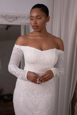 Gianna Off-Shoulder Long Sleeve Gown - White/White