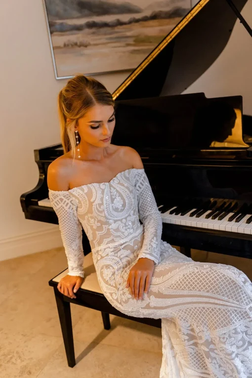 Gianna Off-Shoulder Long Sleeve Gown - White/Nude