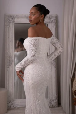 Gianna Off-Shoulder Long Sleeve Gown - White/White