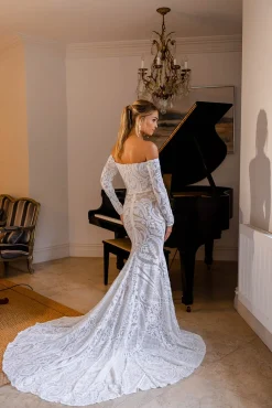 Gianna Off-Shoulder Long Sleeve Gown - White/Nude
