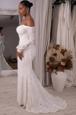 Gianna Off-Shoulder Long Sleeve Gown - White/White