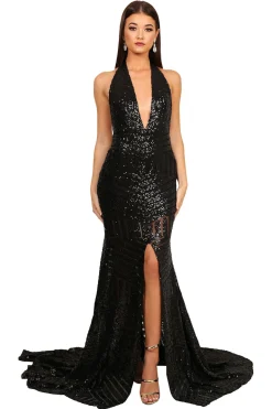 Goddess Geometric Sequin Gown - Black