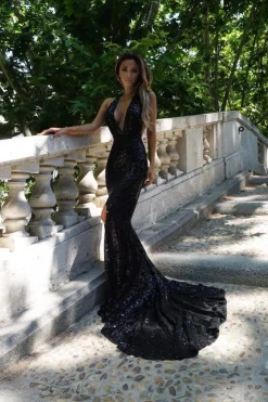 Goddess Geometric Sequin Gown - Black