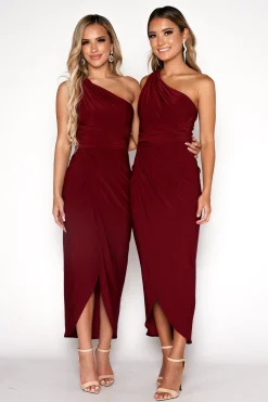 Hayden One Shoulder Midi Dress - Wine