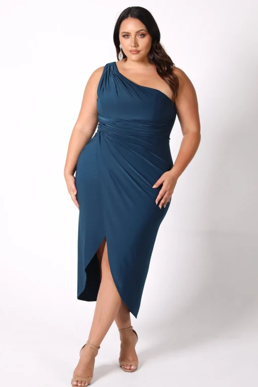 Hayden One Shoulder Midi Dress - Deep Teal