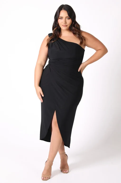 Hayden One Shoulder Midi Dress - Black