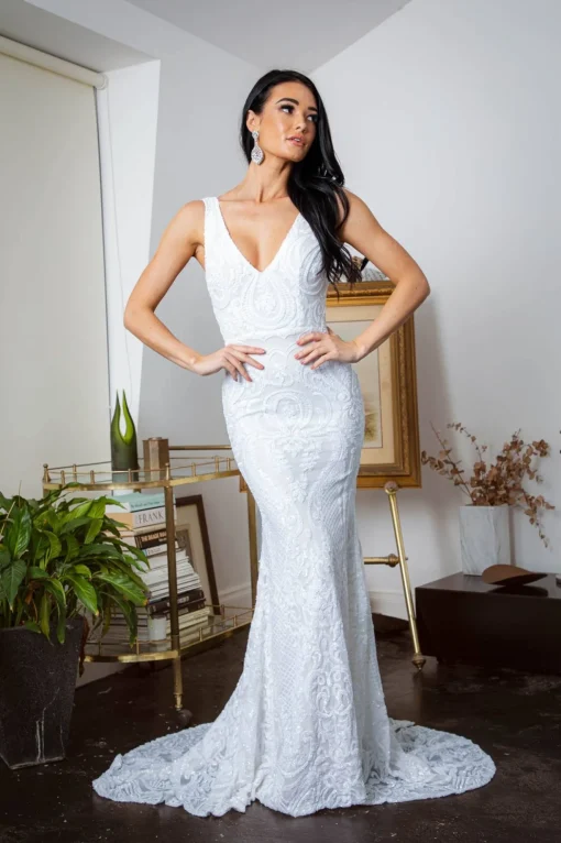Kalani Pattern Sequin Gown - White/White
