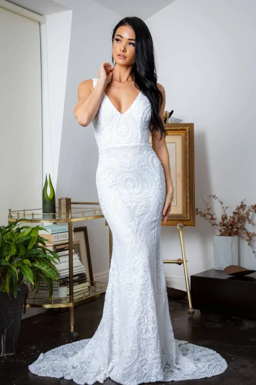 Kalani Pattern Sequin Gown - White/White
