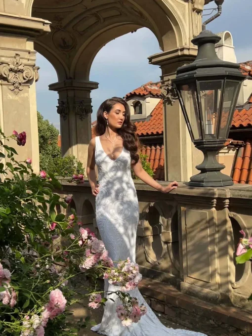 Kalani Pattern Sequin Gown - White/White