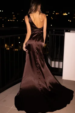 Kendra One Shoulder Satin Gown - Chocolate