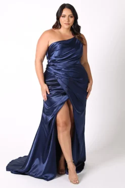 Kendra One Shoulder Satin Gown - Navy