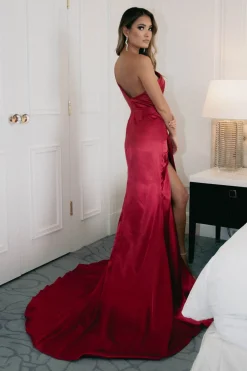 Kendra One Shoulder Satin Gown - Deep Red