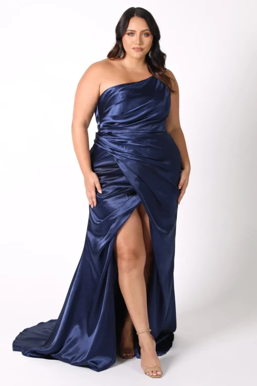 Kendra One Shoulder Satin Gown - Navy