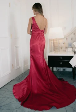 Kendra One Shoulder Satin Gown - Deep Red