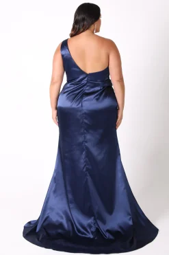 Kendra One Shoulder Satin Gown - Navy