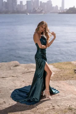 Kendra One Shoulder Satin Gown - Emerald