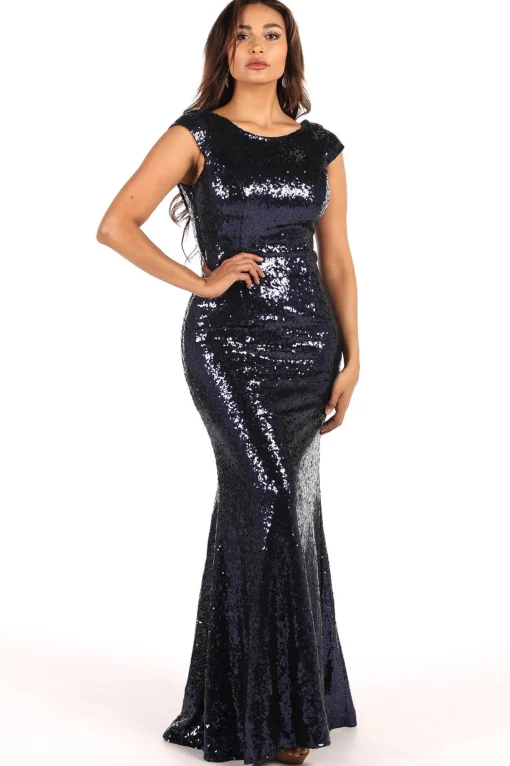 Kira Cowl Back Sequin Maxi Dress - Navy