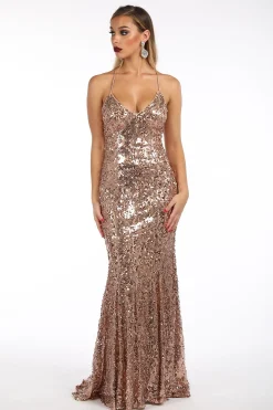 Leona Sequin Beaded Lace Up Gown - Rose Gold