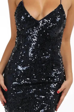 Leona Sequin Beaded Lace Up Gown - Navy