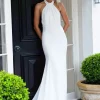 LILIAN High Neck Backless Satin Gown - Ivory