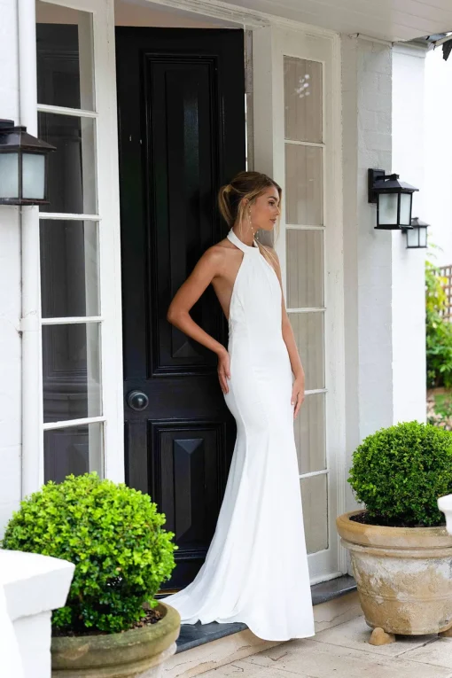 LILIAN High Neck Backless Satin Gown - Ivory