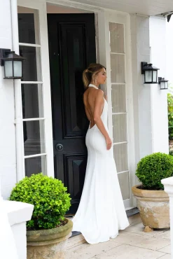 LILIAN High Neck Backless Satin Gown - Ivory