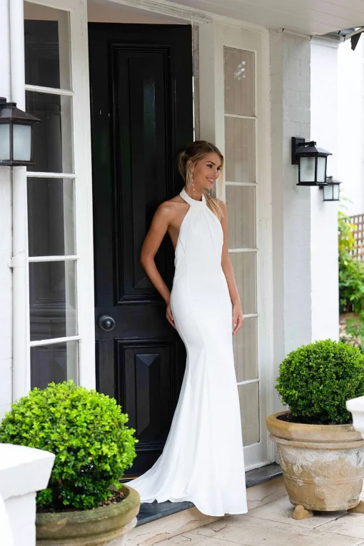 LILIAN High Neck Backless Satin Gown - Ivory